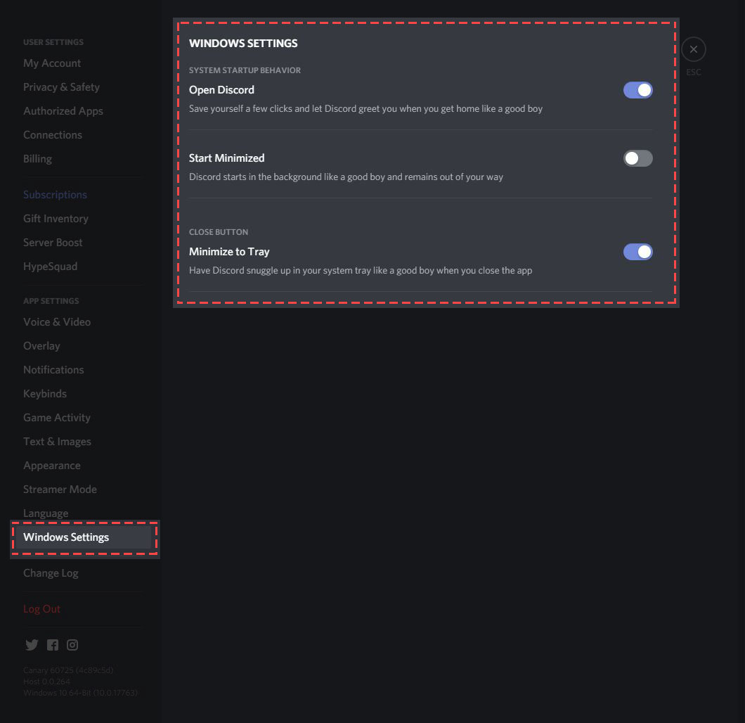 Discord 공식 Windows 설정 예시에서 자동 실행 Open Discord와 최소화 시작 Start Minimized가 따로 표시된 화면