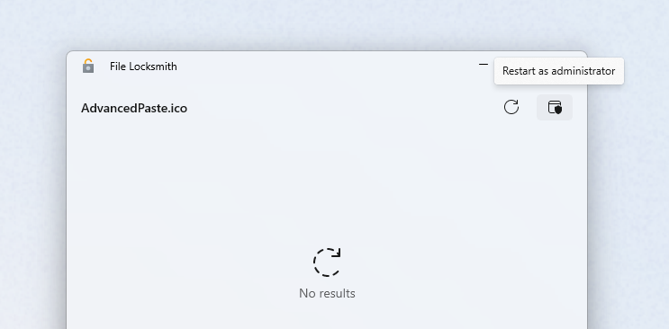File Locksmith의 No results 메시지와 Restart as administrator 버튼이 표시된 화면