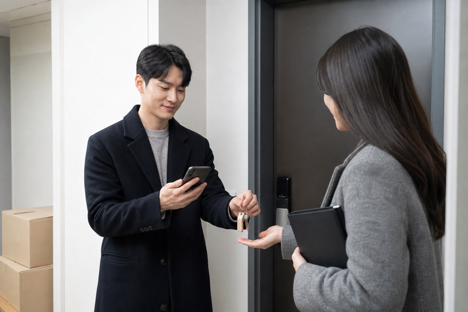 전세보증보험 이행 심사 후 열쇠를 인도하고 보증금 지급을 확인하는 임차인