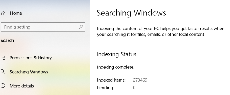 Windows 검색 설정에 색인 완료와 색인 항목 수 및 대기 수가 표시된 화면