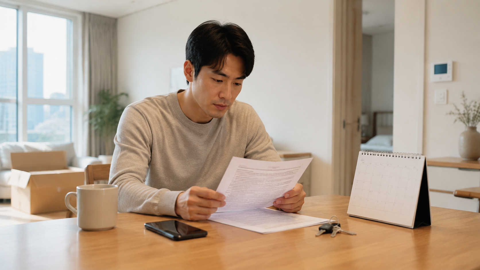 전세 계약 해지 통보를 준비하며 계약서와 달력, 휴대전화를 확인하는 임차인