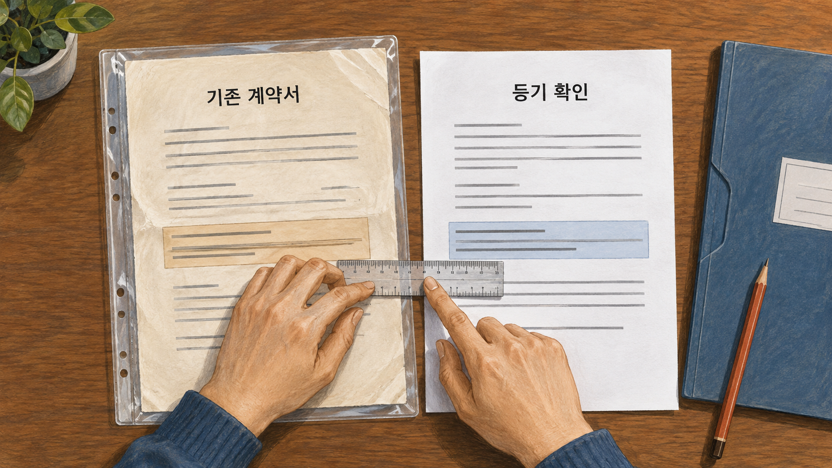 기존 전세 계약서와 소유권 확인 자료를 나란히 놓고 항목을 비교하는 일러스트