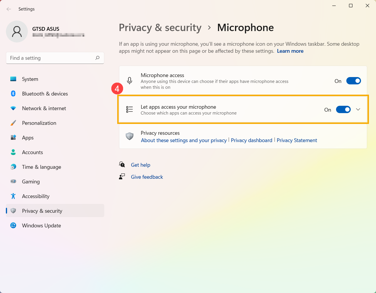 Windows 11 마이크 개인정보 설정의 앱 접근 허용 항목