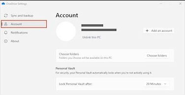 OneDrive 설정의 계정 탭에서 이 PC 연결 해제 링크를 보여주는 Microsoft 예시 화면