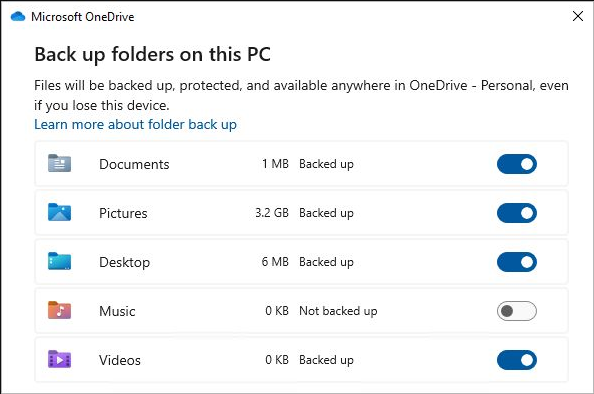 OneDrive 폴더 백업 관리에서 문서 사진 바탕화면 등의 백업 토글을 표시한 Microsoft 화면