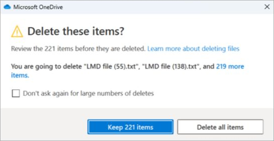 OneDrive가 221개 항목 삭제를 확인하며 삭제 또는 유지 선택을 표시한 Microsoft 경고 예시