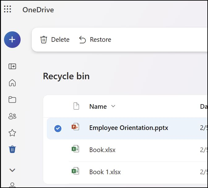 OneDrive 웹 휴지통에서 예시 파일을 선택하고 복원 버튼을 확인하는 Microsoft 화면