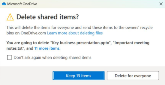 공유 항목 삭제가 다른 사용자에게도 적용됨을 알리는 OneDrive 확인 창