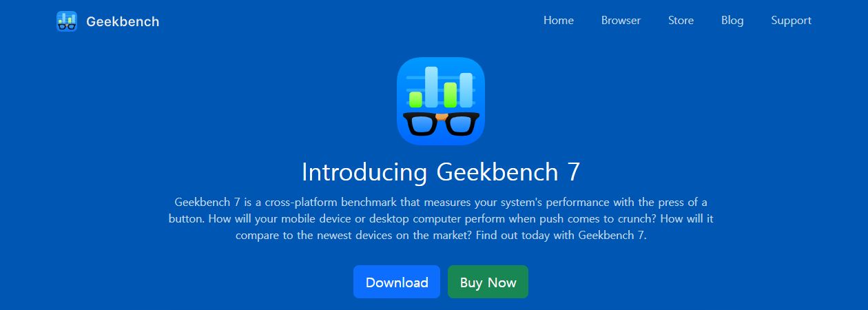 컴퓨터 성능 테스트 도구 Geekbench 7의 공식 소개 화면