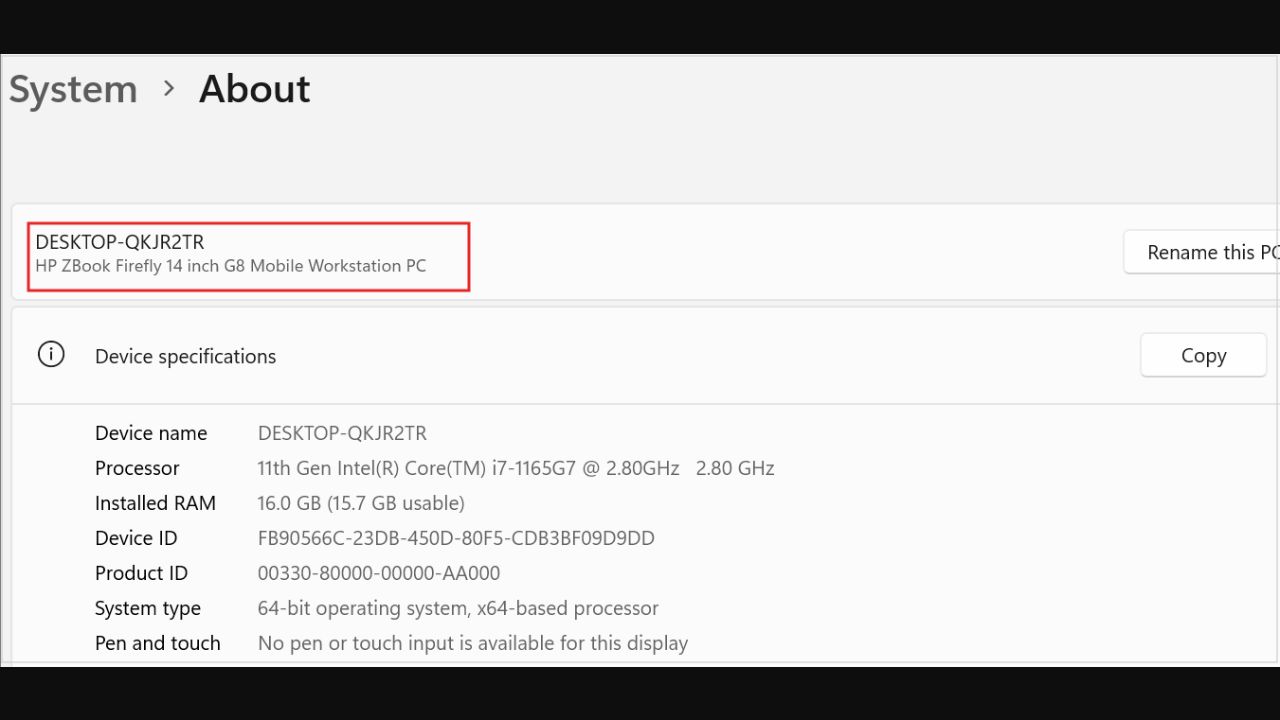 Windows 설정의 정보 화면에서 프로세서와 설치된 RAM, 시스템 종류를 확인하는 Microsoft 공식 예시