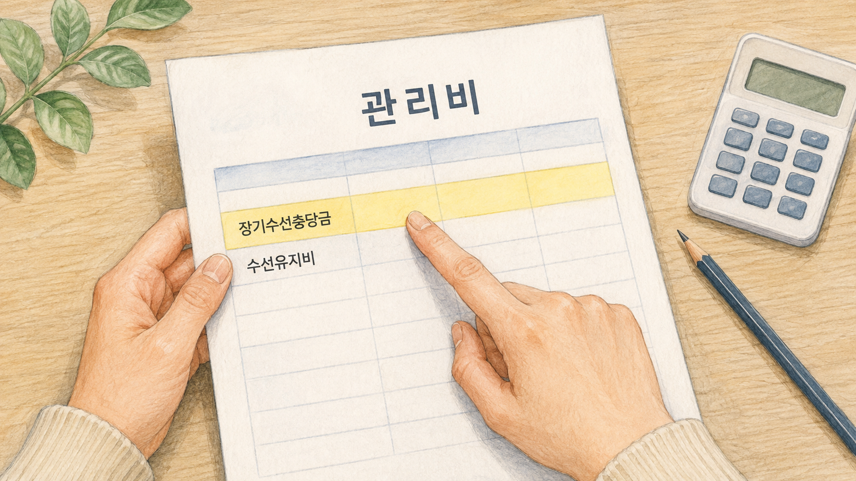 관리비 고지서에서 장기수선충당금 항목을 짚으며 수선유지비와 구분하는 일러스트