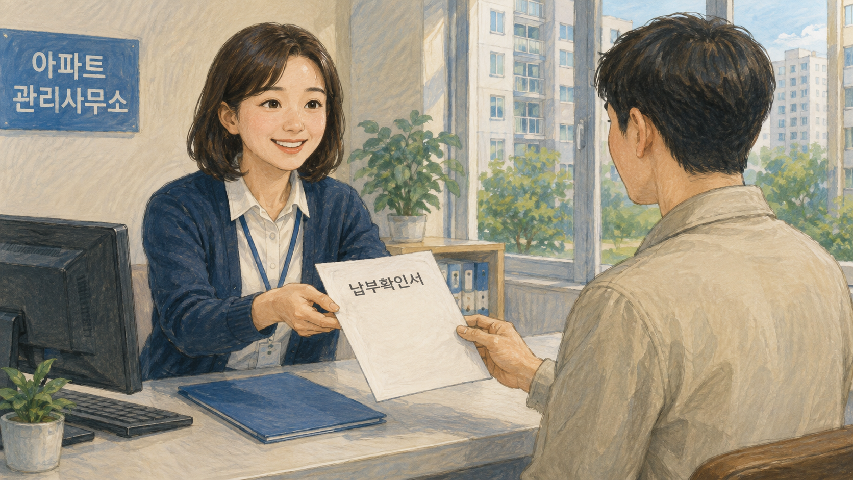 아파트 관리사무소 직원이 세입자에게 장기수선충당금 납부확인서를 건네는 일러스트