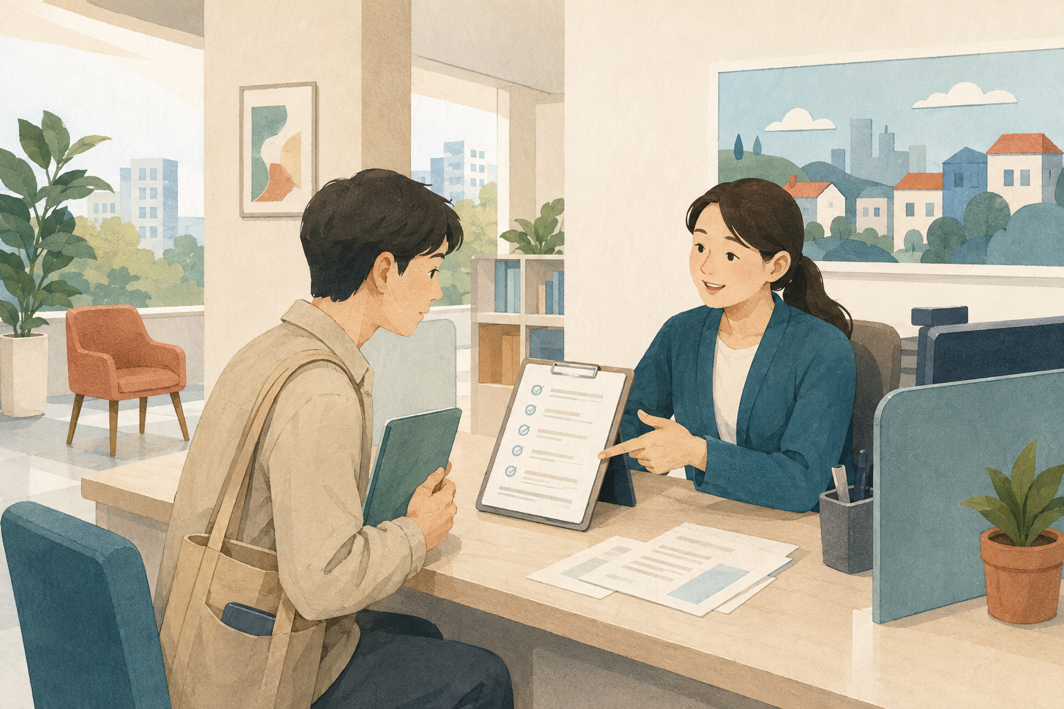 미납세금 열람 신청에 필요한 서류를 민원 창구에서 확인하는 임차인과 담당자