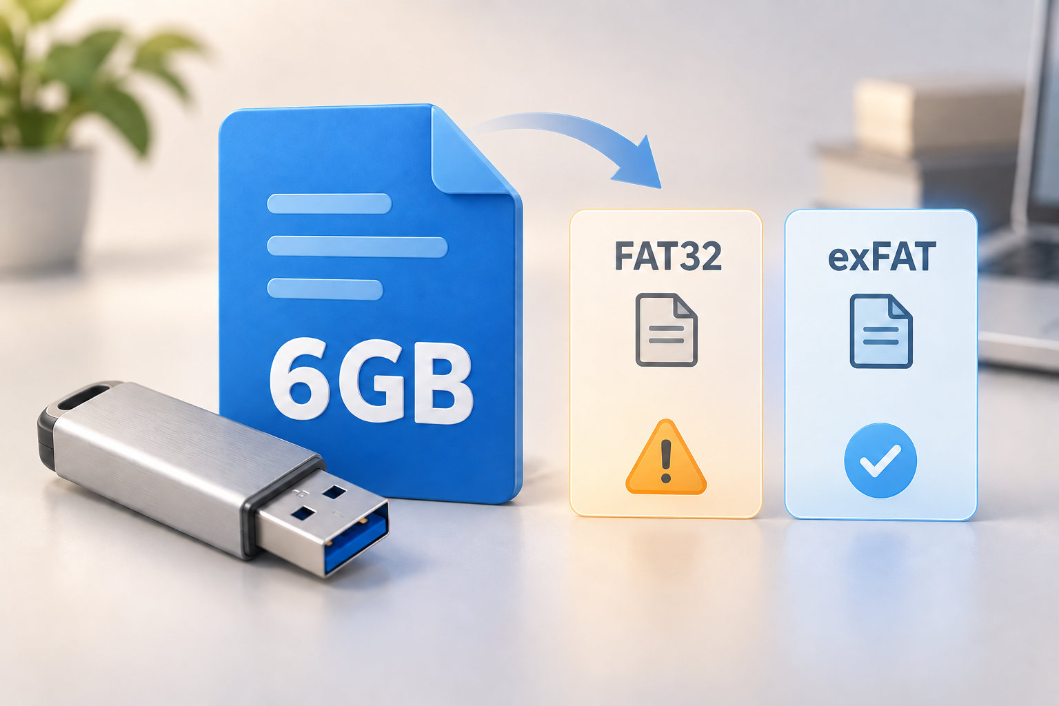 USB에 6GB 파일을 옮길 때 FAT32와 exFAT의 차이를 표현한 일러스트