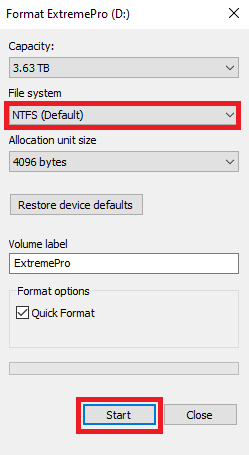 Windows 포맷 창에서 파일 시스템 선택 목록과 시작 버튼을 표시한 Sandisk 공식 화면