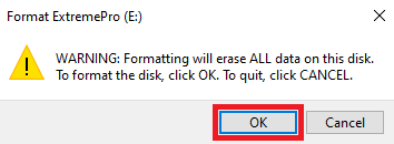 포맷하면 해당 디스크의 모든 데이터가 지워진다는 Windows 경고 창의 공식 예시