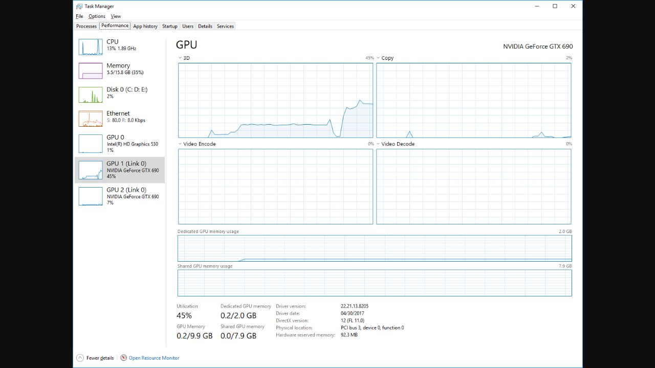GPU 모델명과 전용 GPU 메모리 및 공유 GPU 메모리가 구분된 Windows 작업 관리자 공식 예시