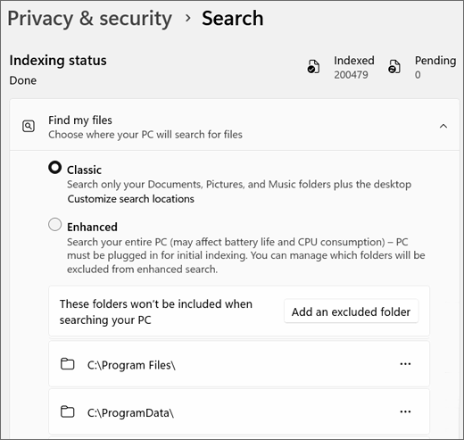 Windows 11 검색 설정에서 클래식과 고급 검색 범위 및 제외 폴더를 보여주는 화면