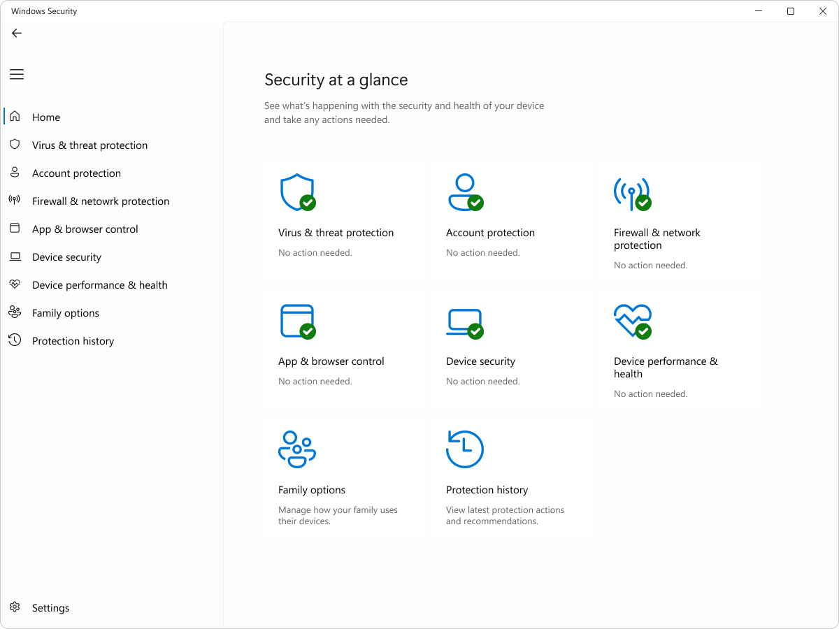 바이러스 및 위협 방지와 보호 기록 메뉴가 있는 Windows 보안 홈 화면